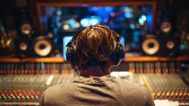 A musician wearing headphones in a recording studio focused on music production.