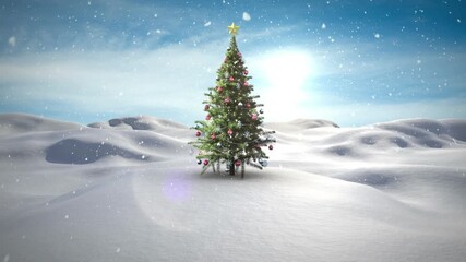 Animation of snow falling over christmas tree and winter landscape - Powered by Adobe
