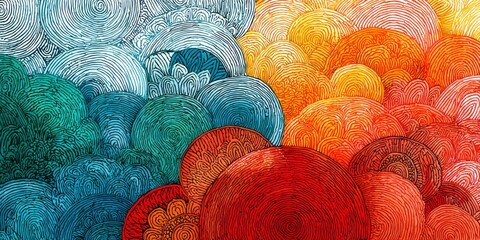 A vibrant design featuring layered circular patterns in various shades of blue, green, orange, and red, creating a dynamic and eye-catching abstract composition.