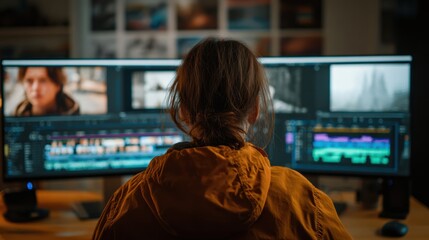 A person working intently at dual monitors in a video editing studio, showcasing modern technology in action.