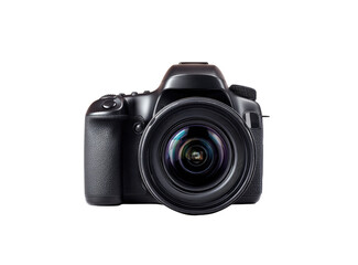 A black DSLR camera.  Dark, front view, isolated