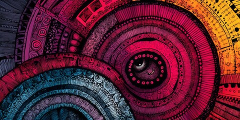 A vibrant, intricate design featuring concentric circles and detailed patterns in a variety of reds, blues, and other colors, creating a captivating and dynamic visual experience.