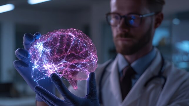 A scientist examines a glowing brain model, showcasing creativity and innovation in neuroscience research.