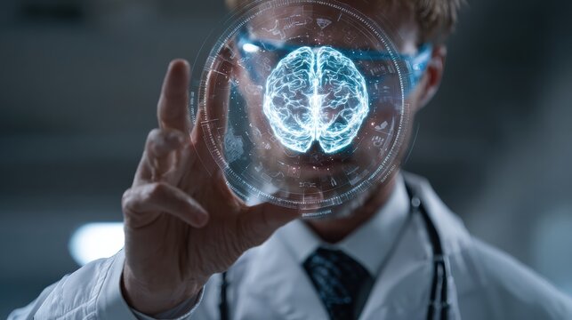 A scientist examines a holographic brain model in a lab, showcasing innovation in neuroscience and technology.