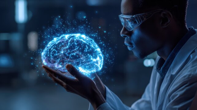 A scientist examines a holographic brain model, showcasing innovative technology in neuroscience and research.