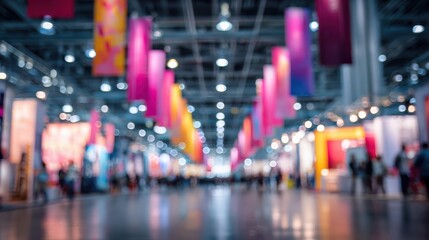 A vibrant exhibition hall filled with colorful banners, showcasing creative displays and networking opportunities.