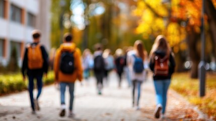 A vibrant scene of students walking on a path surrounded by autumn foliage, embodying the essence of campus life.