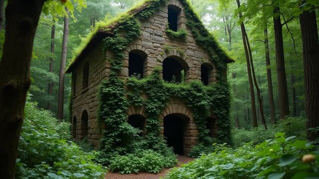 ruined ancient stone house overgrown with plants and ferns in dense green forest