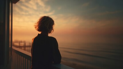 Fototapeta premium A woman gazes at a serene sunset over the ocean, reflecting tranquility and connection with nature.
