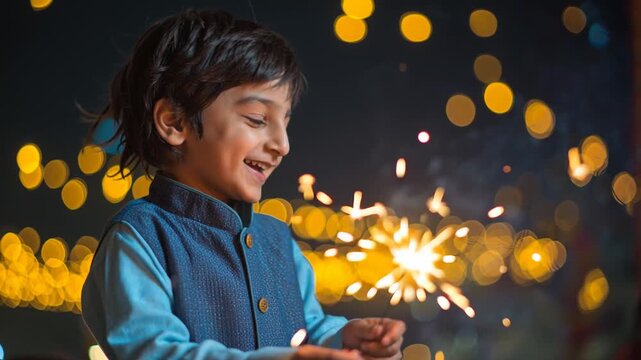 happy Indian little boy holding fire crackers on Diwali festival 
