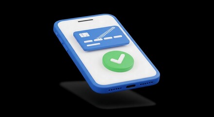 Secure mobile payment using smartphone and credit card with green checkmark notification signifying transaction completion