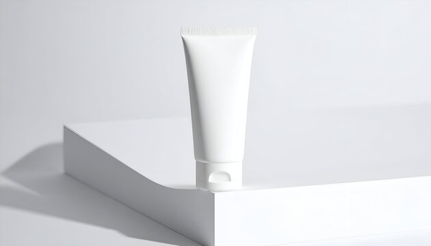 Soft tube mockup hanging off edge of white paper block, shadow below forming perfect triangle