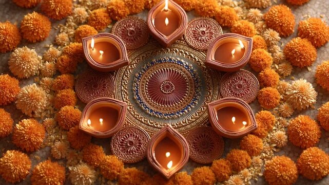 traditional oil lamp with marigold flower on Diwali festival 