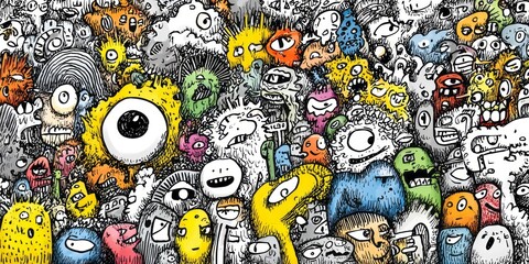A vibrant display of numerous quirky monsters, densely packed and bursting with expressive details, showcasing a dynamic and colorful design.