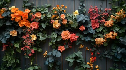 Dark Natural-Themed Background: Various Flowers & Leaves on Soft Wooden Fence, Lush Dense Arrangement