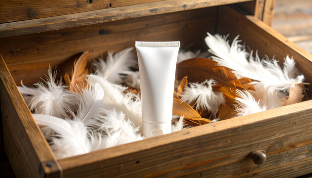 A luxurious white tube of cosmetic product nestled within a rustic wooden chest filled with soft, fluffy feathers, creating a serene and premium aesthetic