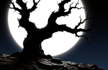 A silhouetted tree with twisted branches stands against a bright full moon in a dark night scene