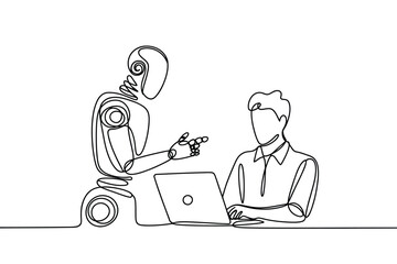 Robot and human collaborating on a laptop