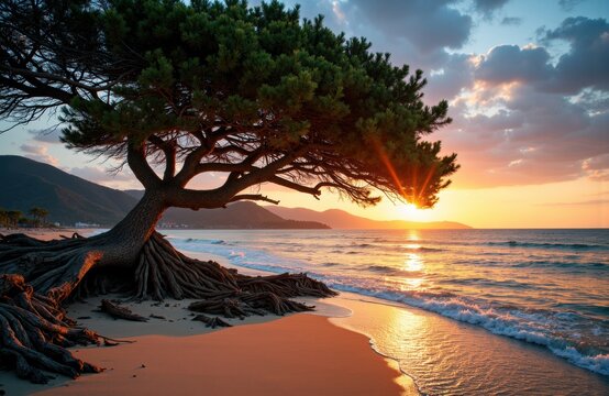 A solitary tree grows on a sandy beach during sunset with the ocean and mountains in the background