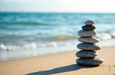 A stack of smooth stones arranged on sandy beach with ocean waves in the background