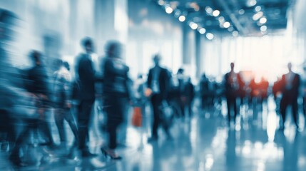 Blurry silhouettes of people in a busy modern building, capturing the essence of movement and activity.