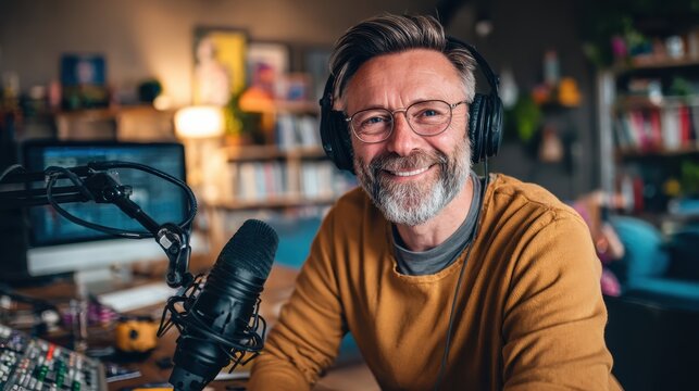 Cheerful man with glasses and headphones, smiling at camera in a cozy podcast studio filled with creative decor.