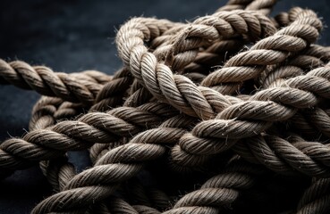 Fototapeta premium Thick, intertwined ropes made of natural fiber on dark background