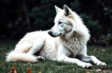 Fototapeta premium A white Siberian husky puppy resting on green grass in an outdoor setting