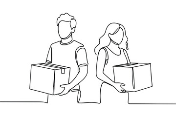 Couple holding cardboard boxes in minimalist line art style