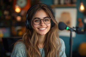 Cheerful young woman with glasses podcasting, broadcasting from a home studio, engaging with her audience in a lively and informative session, Generative AI