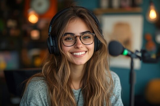 Cheerful young woman with glasses podcasting, broadcasting from a home studio, engaging with her audience in a lively and informative session, Generative AI