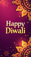 Happy diwali text with decorative mandala pattern and glowing lights on purple background