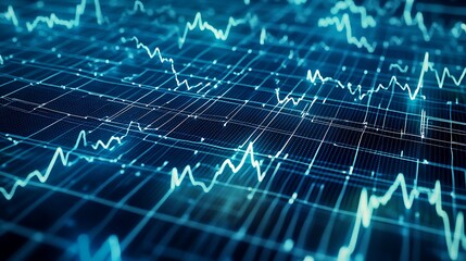 Abstract glowing digital display with line graph, square grid, and data points