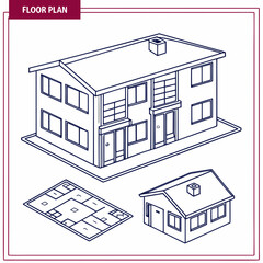 Architectural drawings of houses and floor plan blueprint isometric view