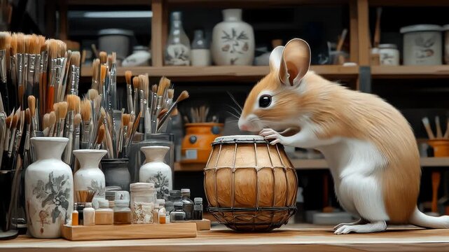 Captivating Illustration: Jerboa Plays Drum in an Artist's Studio with Dreamy Vibe