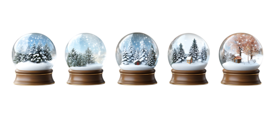 Pack Collection Five Miniature Winter Snow Globes Festive Holiday Decor set against transparent background