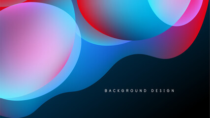 Abstract fluid shapes overlap, creating vibrant color gradients. Pink, blue, red hues dominate dark background. Modern design element.