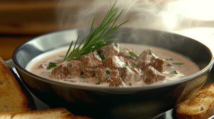 Steaming bowl of rich creamy beef stew. Served with freshly baked crispy bread. A perfect comfort food.