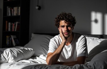 Obraz premium A young man with curly hair sitting on a bed in a dimly lit room appears thoughtful or worried