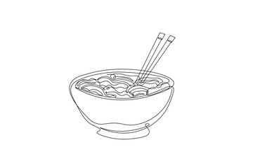 noodles or ramen in the bowl in continuous one line drawing. Single line art illustration of mie ramen in the bowl.