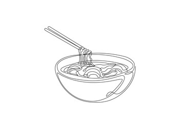 noodles or ramen in the bowl in continuous one line drawing. Single line art illustration of mie ramen in the bowl.