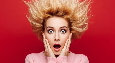 Shocked woman with wild hair and hands on her face against a red background, expressing surprise and amazement