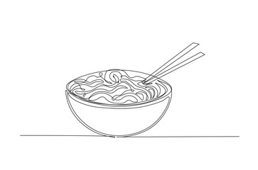 noodles or ramen in the bowl in continuous one line drawing. Single line art illustration of mie ramen in the bowl.