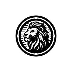 Lion head logo in a circle, black and white design.