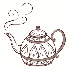 Decorative teapot with swirling steam beverage drink