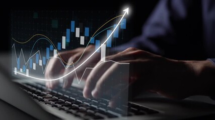 A close-up image capturing hands typing on a laptop with vibrant data charts and graphs symbolizing growth and analytics in a dark, professional environment. Copula - Powered by Adobe