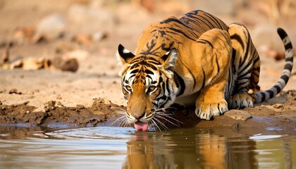 A Bengal tiger drinking water at a shallow pond.  Golden hues and rich earth tones