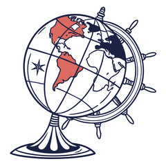 Globe with nautical steering wheel and continents world earth