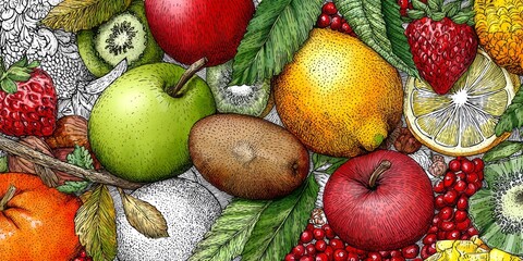 Vibrant and detailed illustration showcasing a medley of fruits and leaves, rendered in a vintage style.  Colorful fruits, including apples, lemons, kiwi, and strawberries, are meticulously depicted.