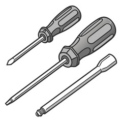 Gray handled screwdrivers and socket bit tool hardware